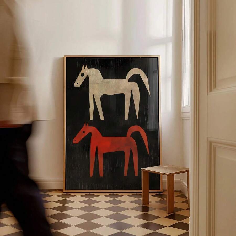 Two horse wall print in beige and red orange colors