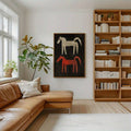 Large framed western horse canvas in bright hallway with checker tile floor
