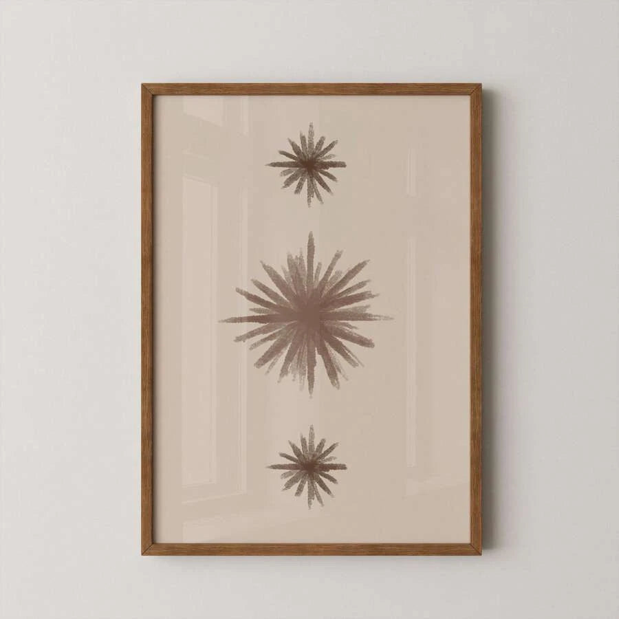Neutral beige minimalist starburst wall art print in wood frame