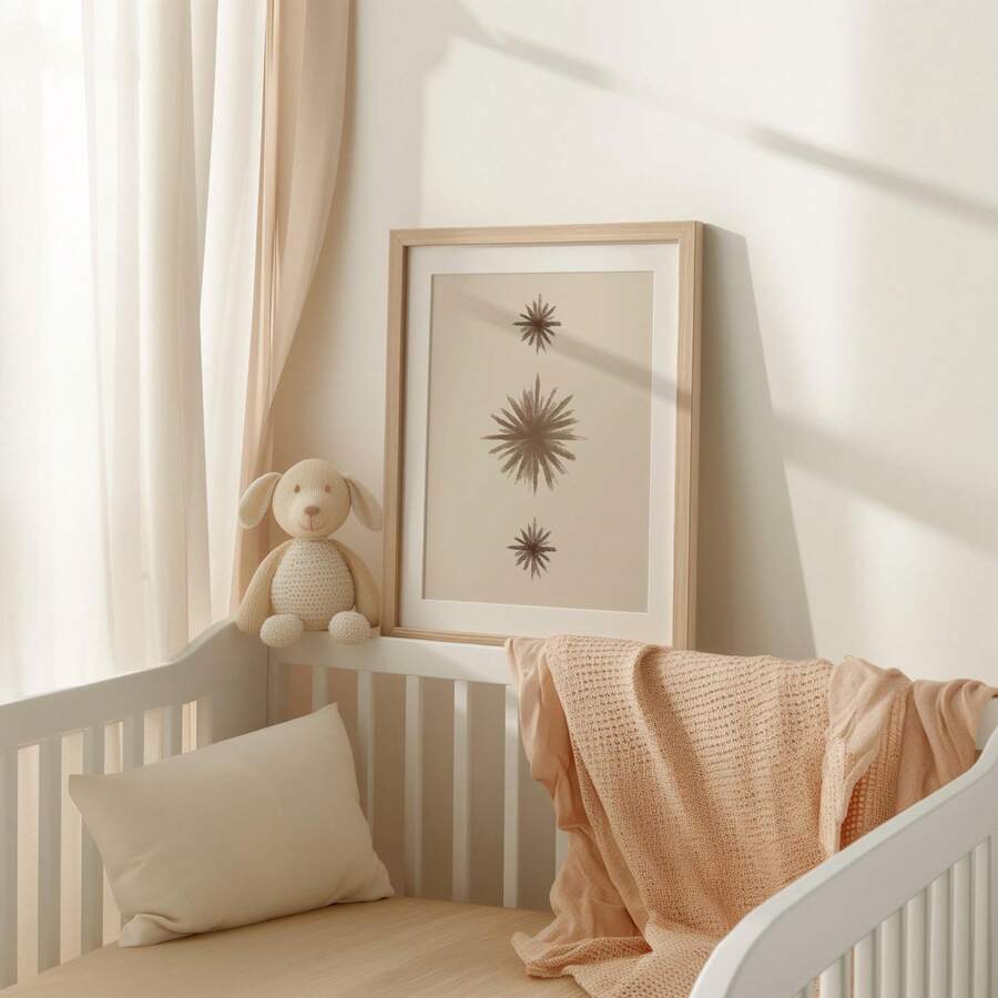 Cream beige starburst poster styled above modern neutral furniture