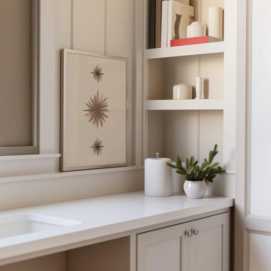 Minimalist boho starburst artwork leaning in calm room styling