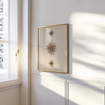 Neutral beige minimalist starburst wall art print in wood frame
