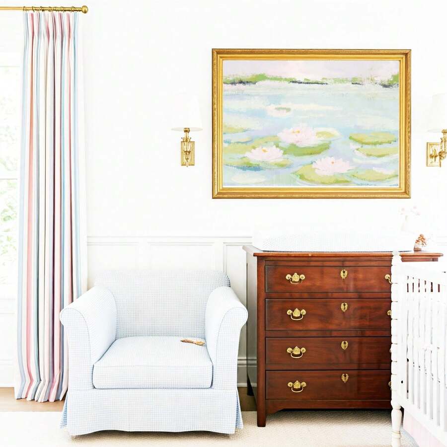 close-up artwork detail of Framed pastel wall art print showing an abstract lily pond with water lilies, lily pads, pale blue, mint green, blush pink and gold frame styling.