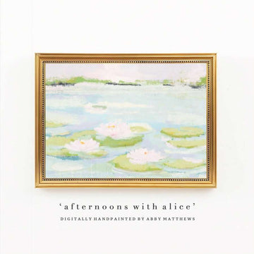 front framed view of Framed pastel wall art print showing an abstract lily pond with water lilies, lily pads, pale blue, mint green, blush pink and gold frame styling.