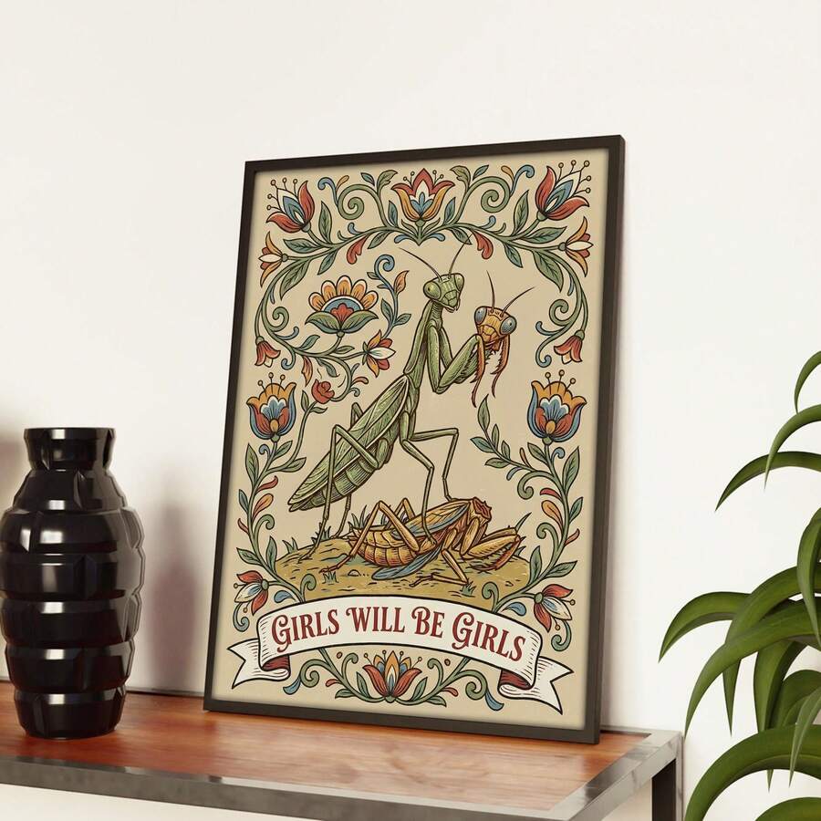 Feminist wall decor with botanical insect illustration
