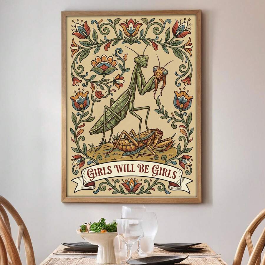 Vintage mantis canvas print with floral vine border