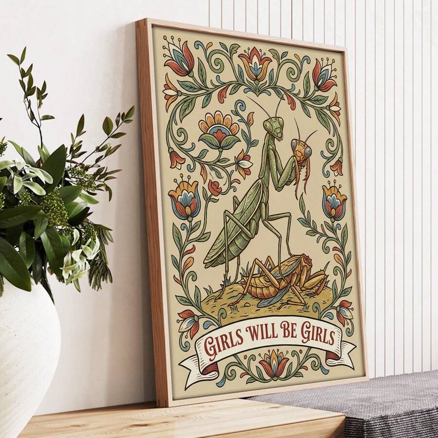 Praying mantis poster with cream parchment background
