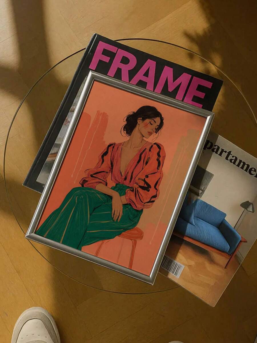 Silver framed fashion illustration on glass table with FRAME magazine