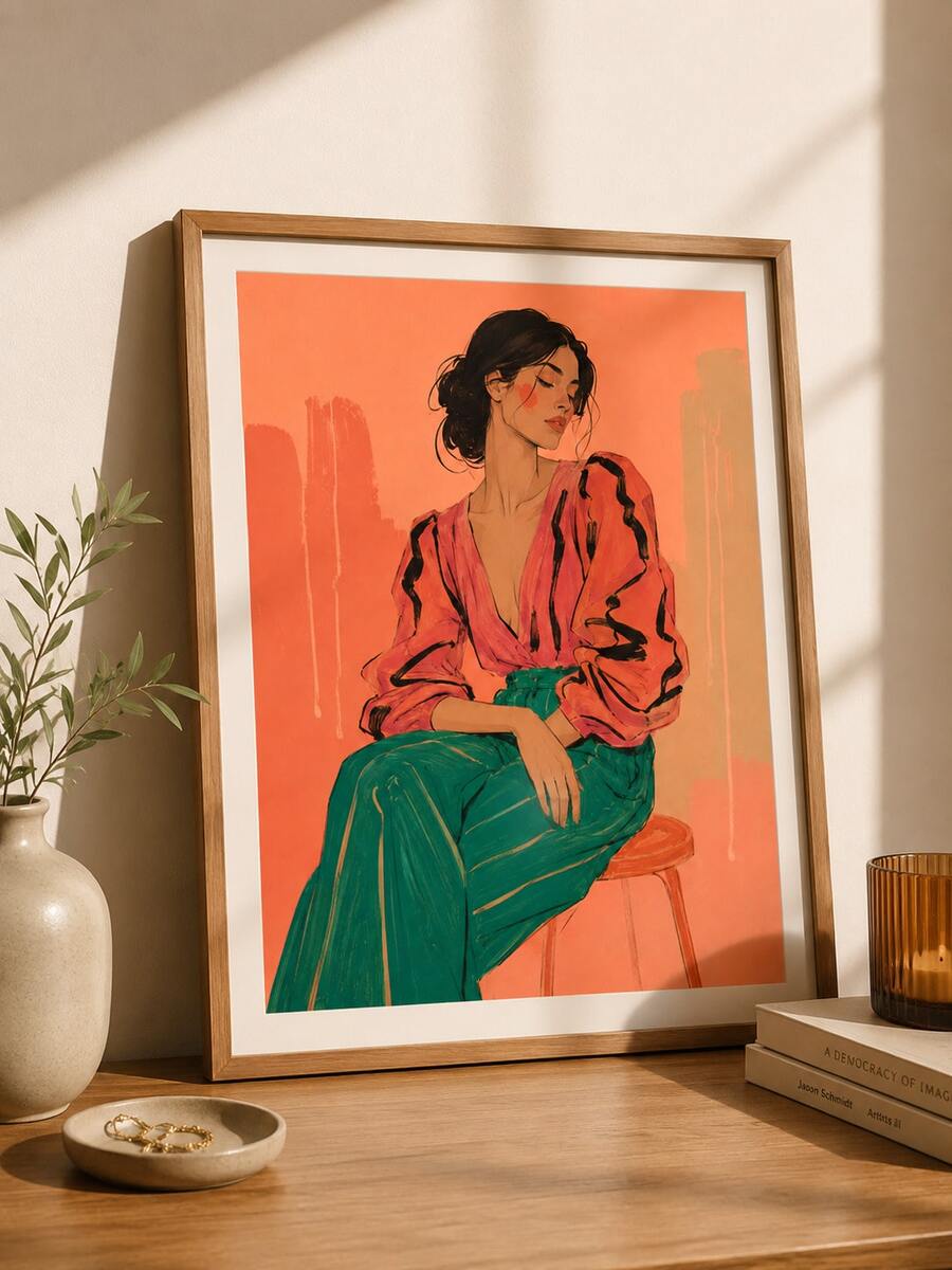 Large framed colorful seated woman fashion illustration on floor in studio room