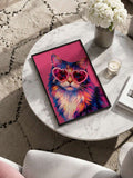 Framed cat sunglasses print on marble coffee table