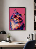 Pink cat sunglasses wall art above home office desk
