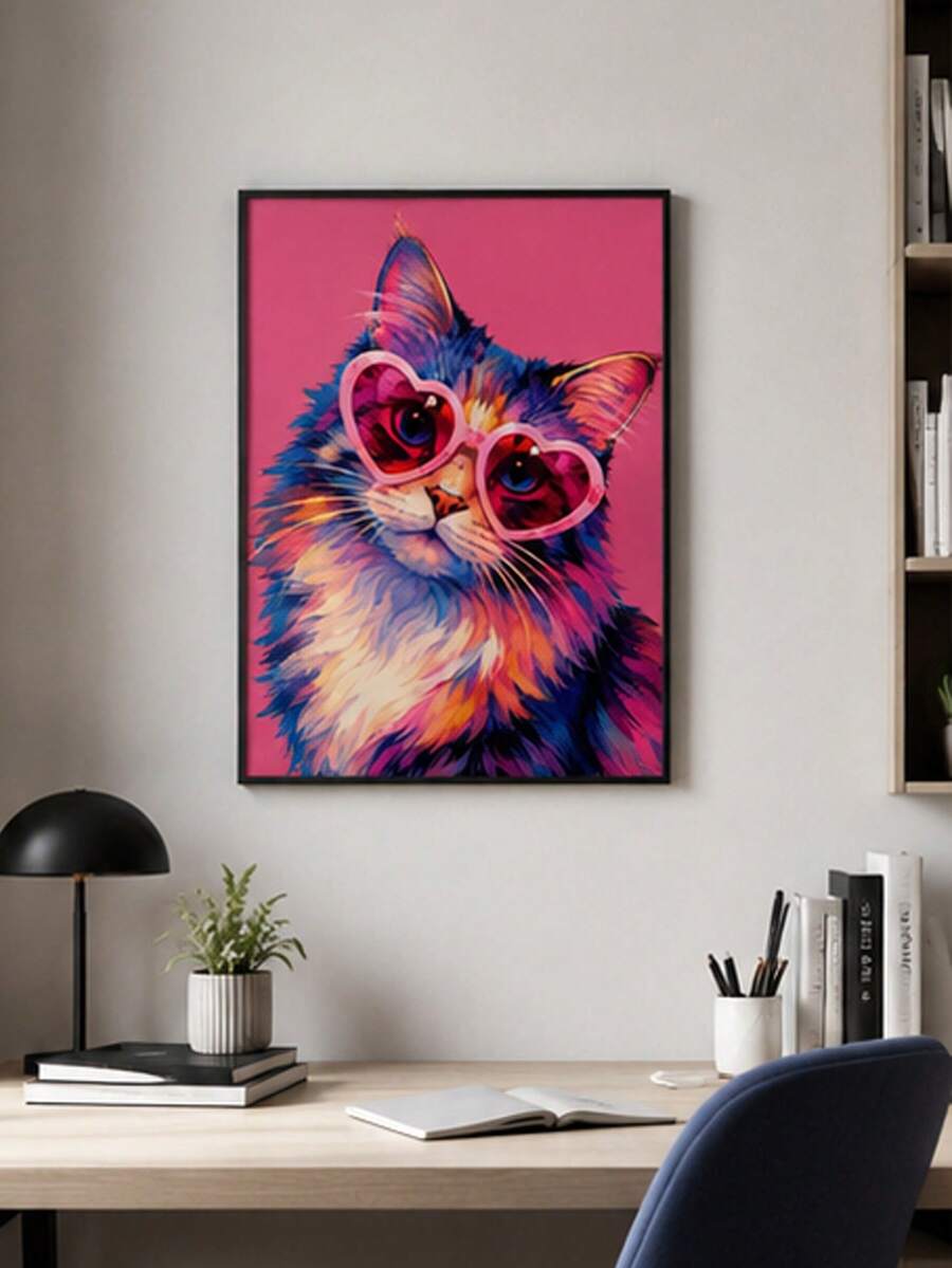 Pink cat sunglasses wall art above home office desk
