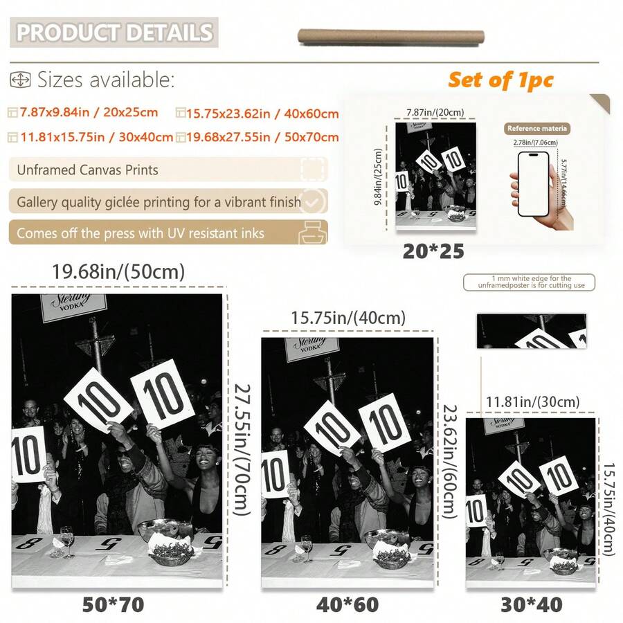 Vintage Perfect 10 fashion show poster shown as a vertical canvas leaning in a minimal lounge