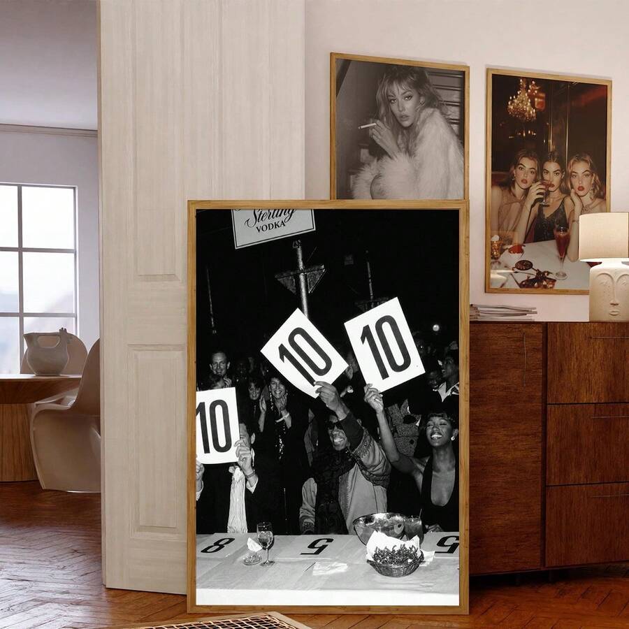 Vintage black and white fashion party canvas poster with guests holding Perfect 10 scorecards