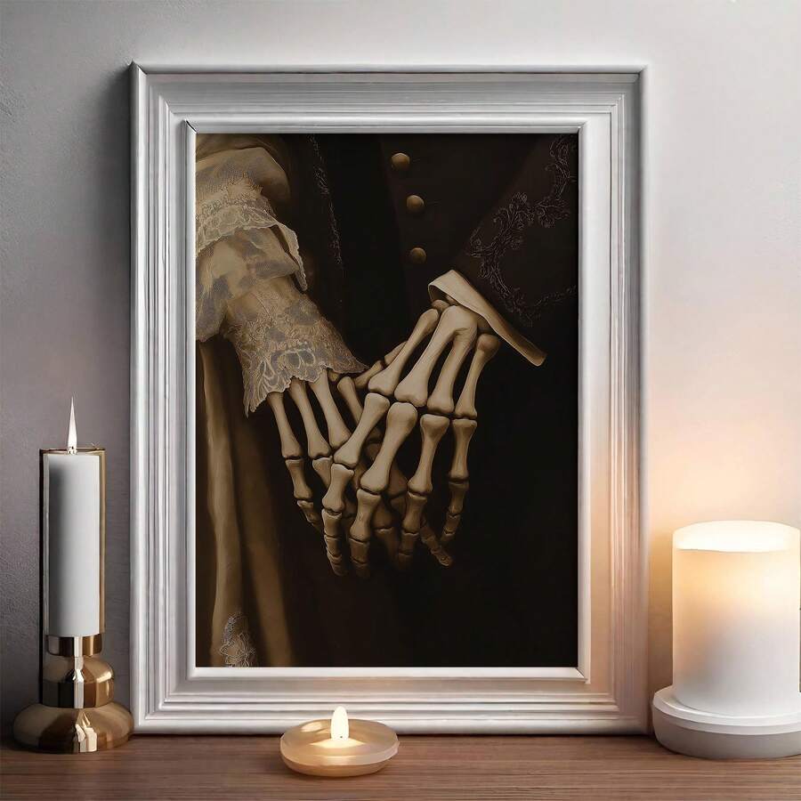 Gothic skeletal hands holding in an ornate white frame beside candles