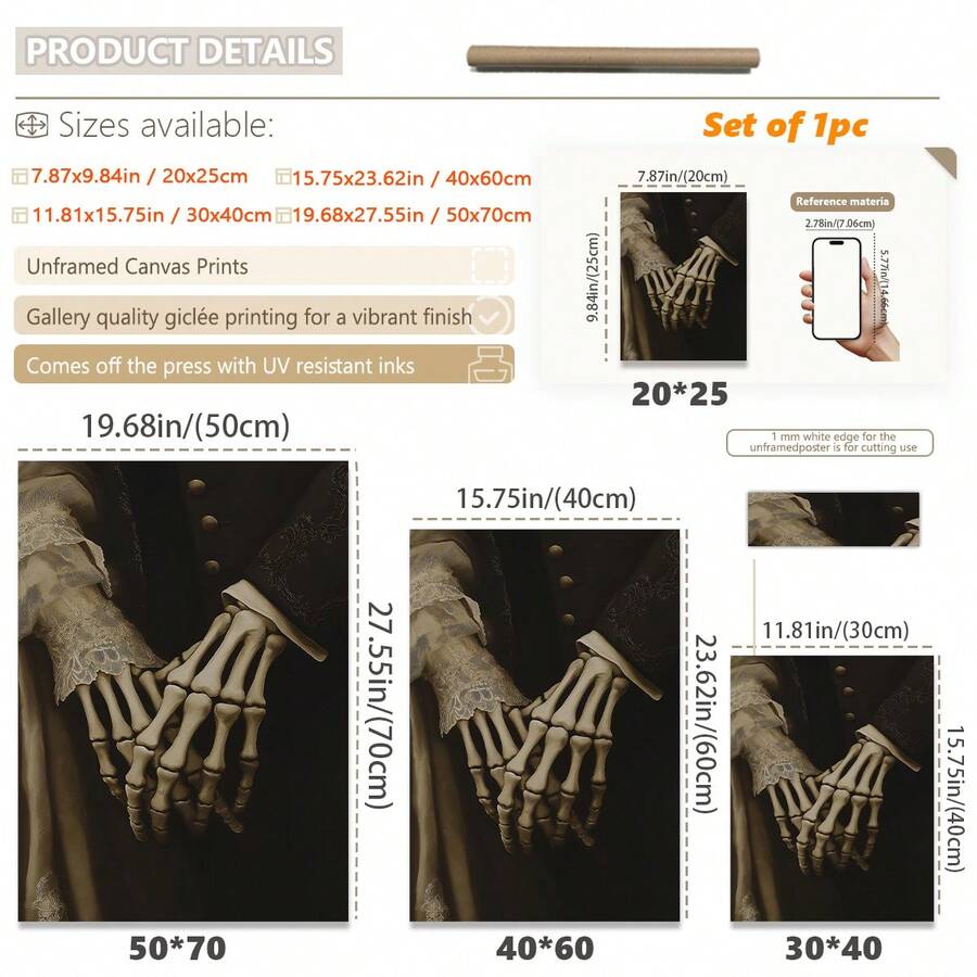 Size guide for skeleton hands canvas art from 20 by 25 to 50 by 70 cm