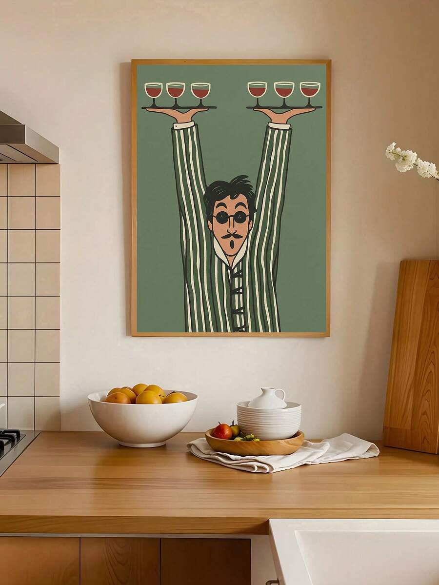 Framed cocktail lounge canvas art with vintage waiter illustration