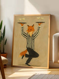 Vintage fox waiter canvas poster holding cocktail trays in striped shirt
