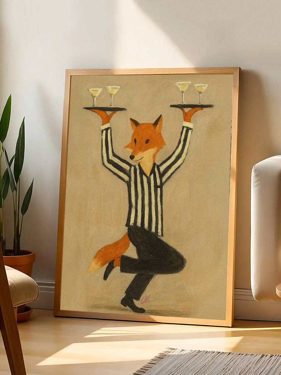 Vintage fox waiter canvas poster holding cocktail trays in striped shirt