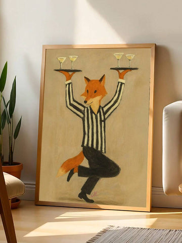 Vintage fox waiter canvas poster holding cocktail trays in striped shirt