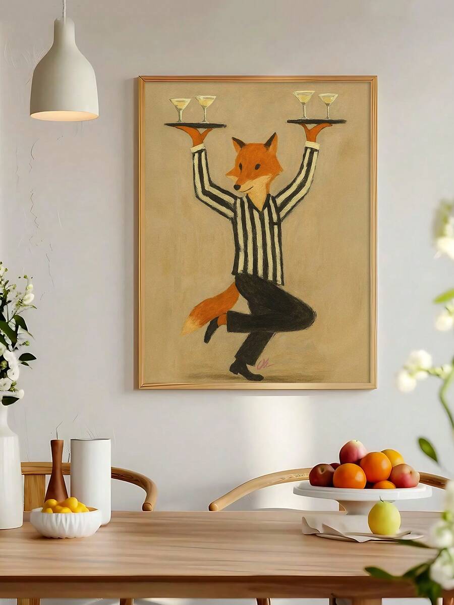 Retro bar wall art with fox cocktail waiter on warm beige background