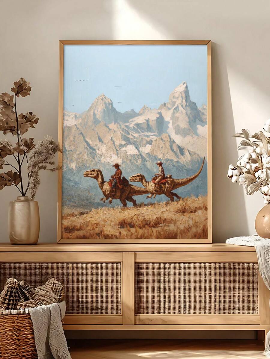 Cowboy dinosaur wall art with western mountain landscape