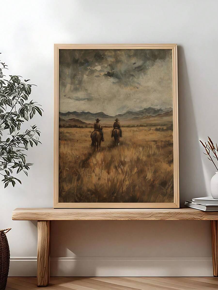 Rustic western wall art in natural wood frame mockup