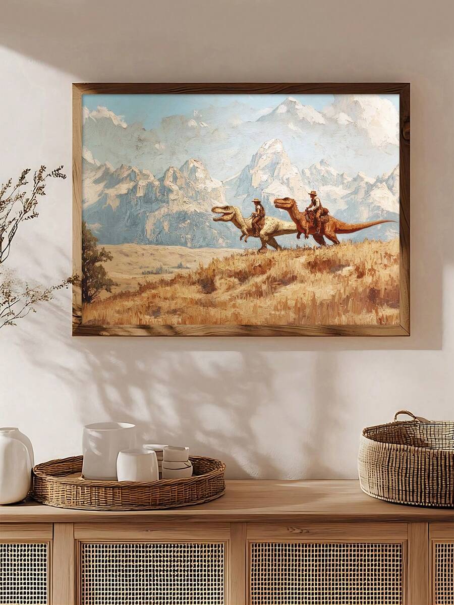 Vintage western canvas print showing cowboy riding dinosaur