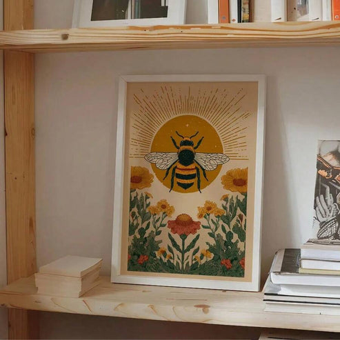 Sun floral bee botanical cottagecore Folk Art canvas poster
