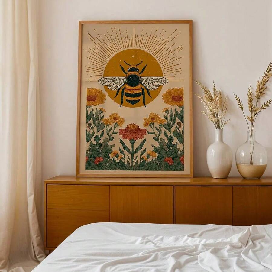Framed boho bee poster with golden sunburst and wildflowers in warm cottagecore style
