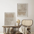 Neutral textured canvas staged beside cane chair and console table