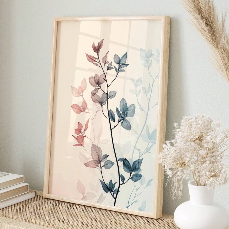 Framed Scandinavian botanical poster with soft pink and blue leaf silhouettes on beige background