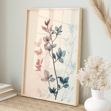 Framed Scandinavian botanical poster with soft pink and blue leaf silhouettes on beige background