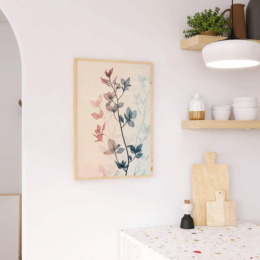 Minimalist botanical wall art showing translucent pastel leaves and thin black branches