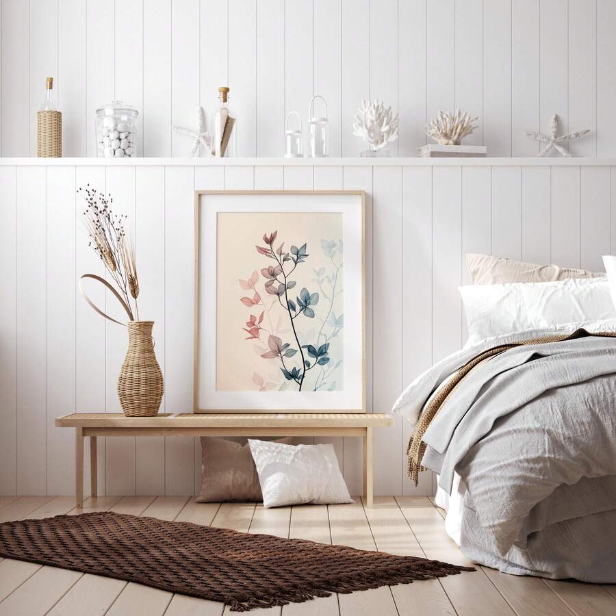 Soft beige pink botanical print styled in modern neutral bedroom decor