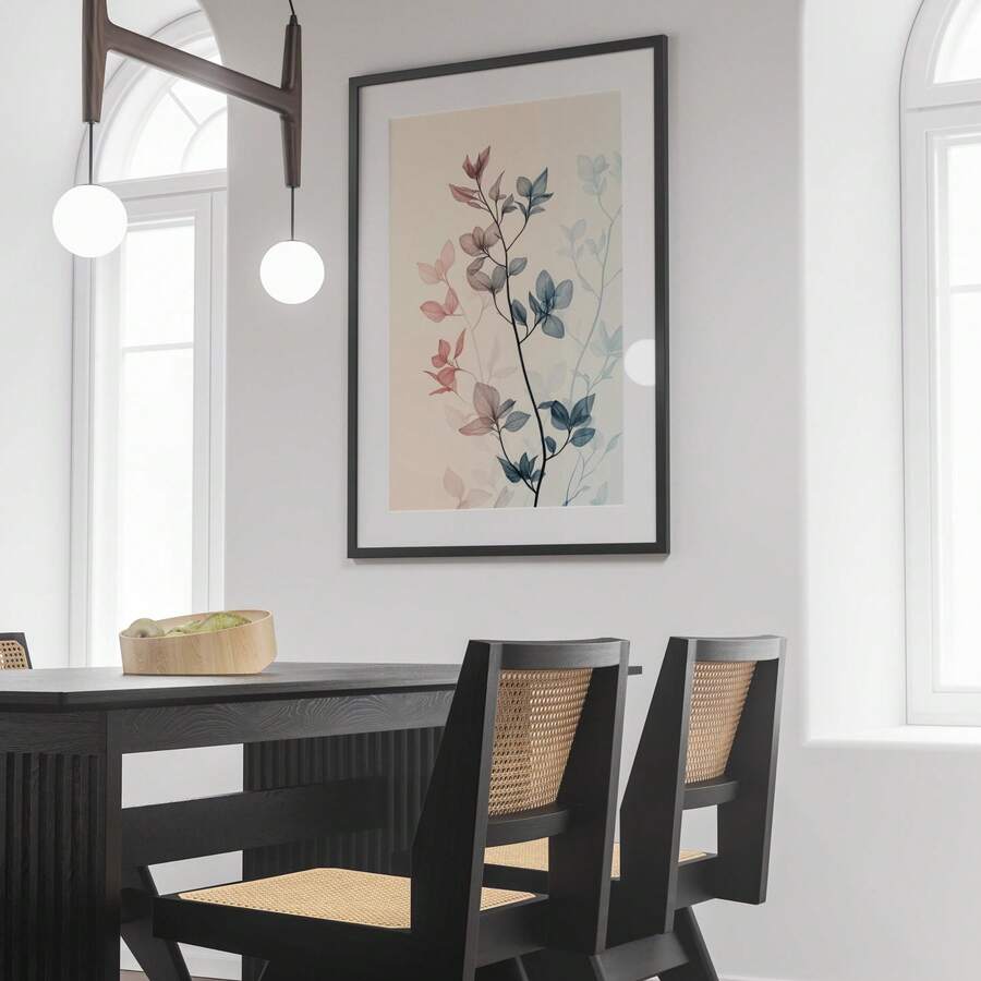 Light wood framed leaf silhouette canvas with blush dusty blue and cream tones
