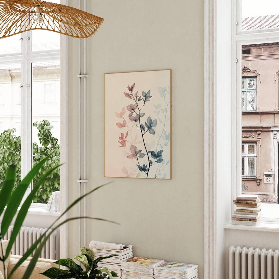 Light wood framed leaf silhouette canvas with blush dusty blue and cream tones view 5