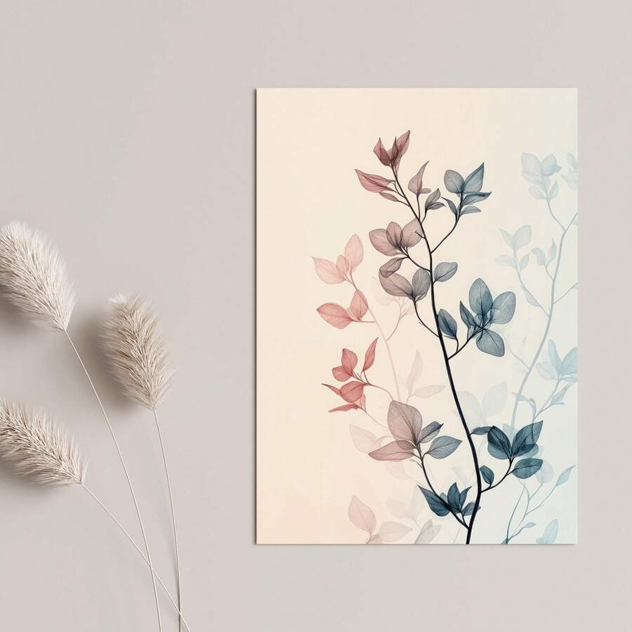 Light wood framed leaf silhouette canvas with blush dusty blue and cream tones view 6