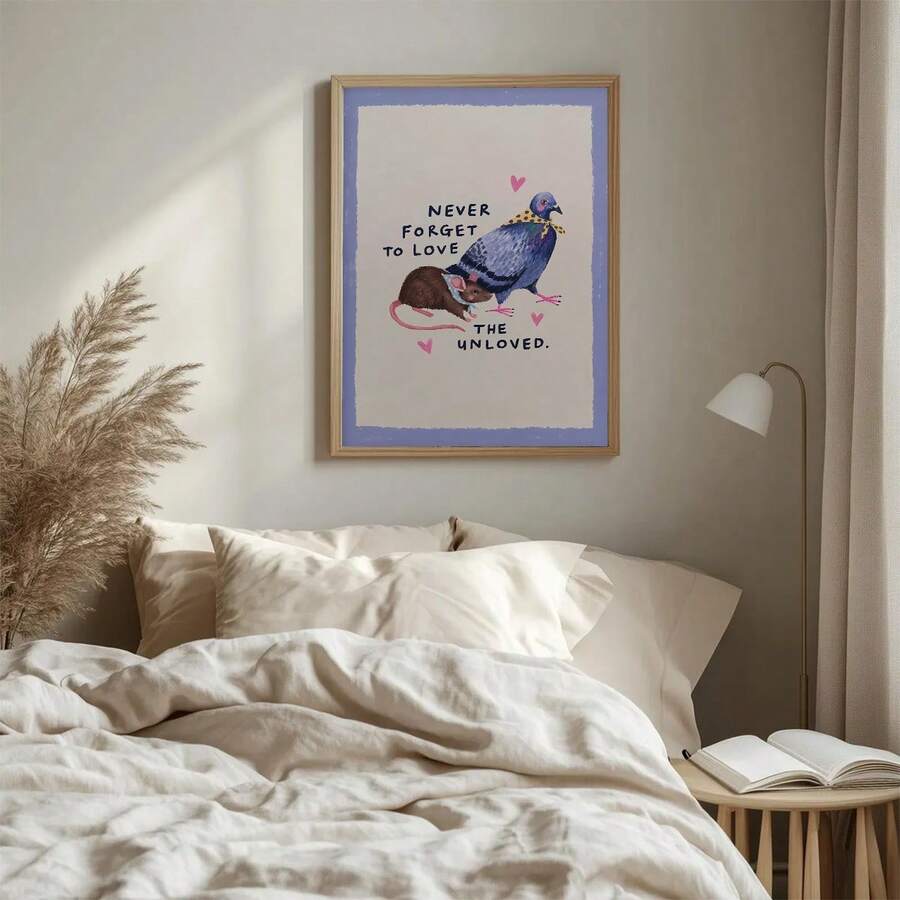 Animal quote wall art with pigeon mouse and pink hearts