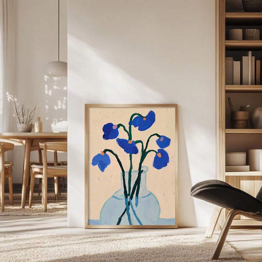 Nordic floral poster with pale blue and green stems
