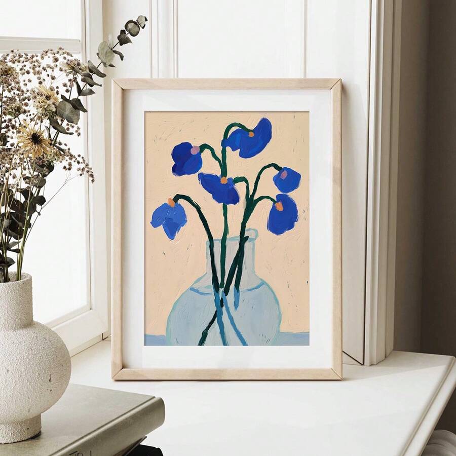 Minimalist flower print styled in neutral bedroom