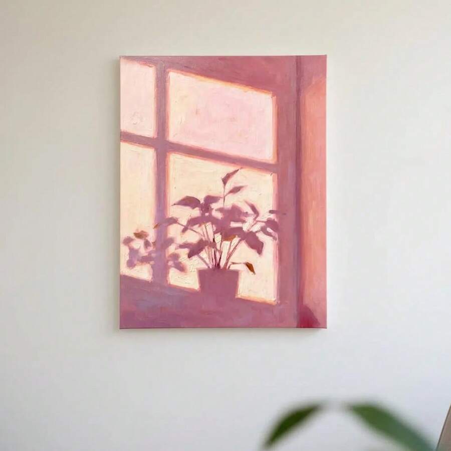 Blush pink potted plant window print hung on plain white wall
