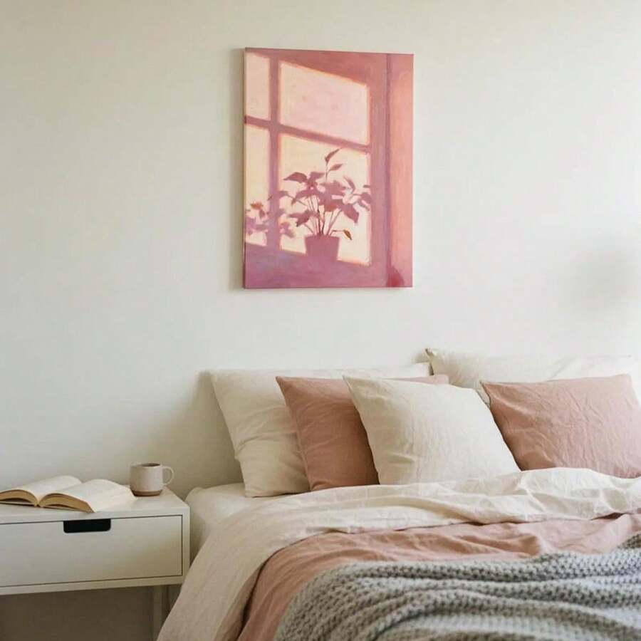 Pastel pink botanical wall art above bed with cream pillows