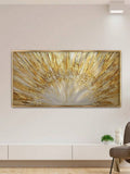 room mockup view of Horizontal abstract canvas wall art showing a radiant gold sunburst with metallic rays, champagne cream tones and luxe modern styling.