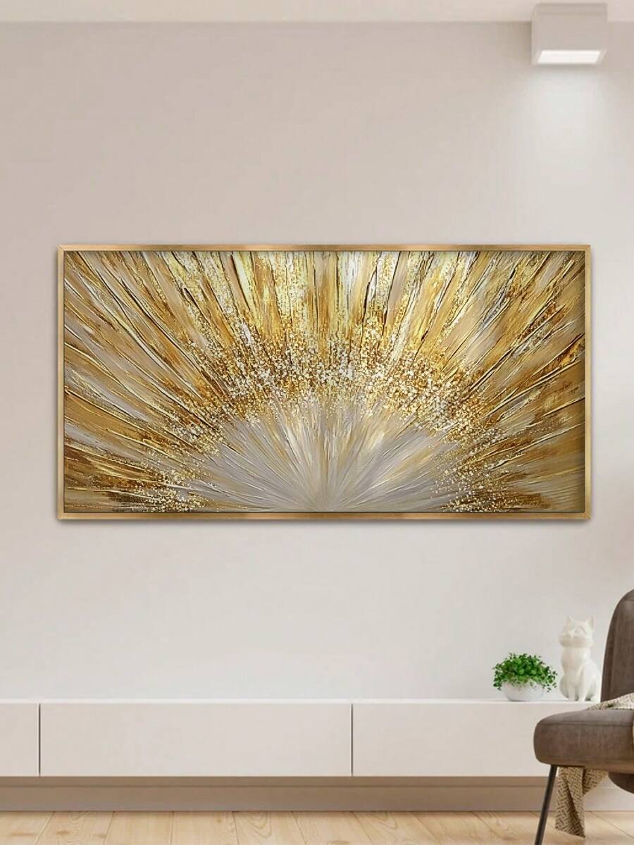 room mockup view of Horizontal abstract canvas wall art showing a radiant gold sunburst with metallic rays, champagne cream tones and luxe modern styling.