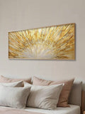 close-up artwork detail of Horizontal abstract canvas wall art showing a radiant gold sunburst with metallic rays, champagne cream tones and luxe modern styling.