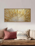 front framed view of Horizontal abstract canvas wall art showing a radiant gold sunburst with metallic rays, champagne cream tones and luxe modern styling.