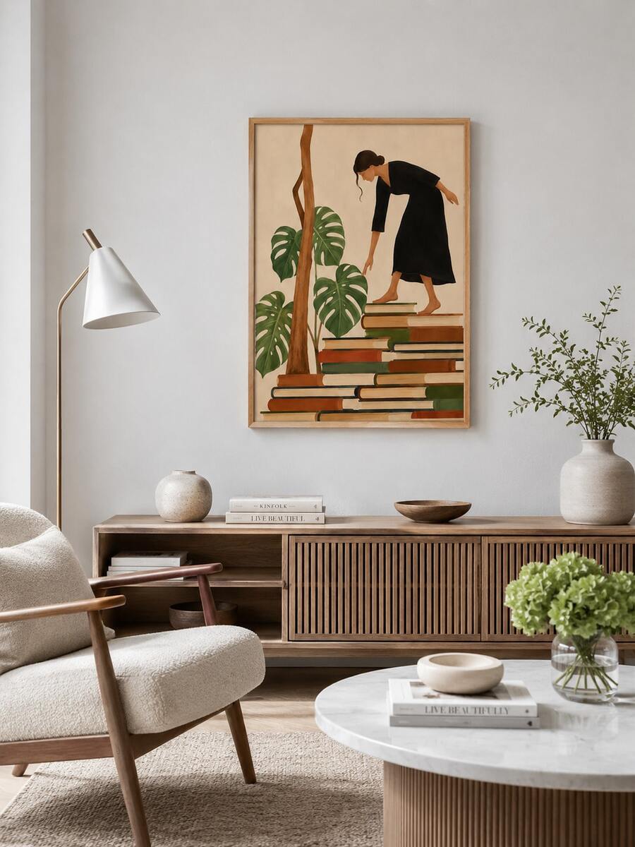 Girl carrying books line drawing poster for a home office