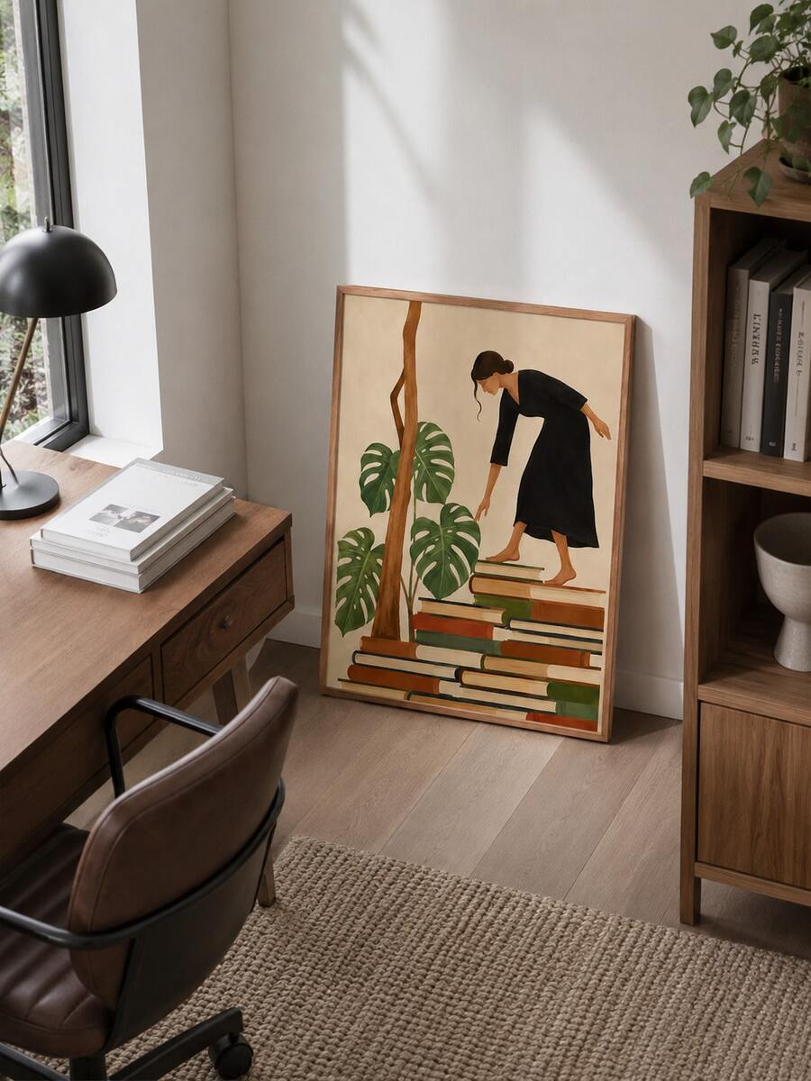 Framed reading nook artwork with black sketch on beige background