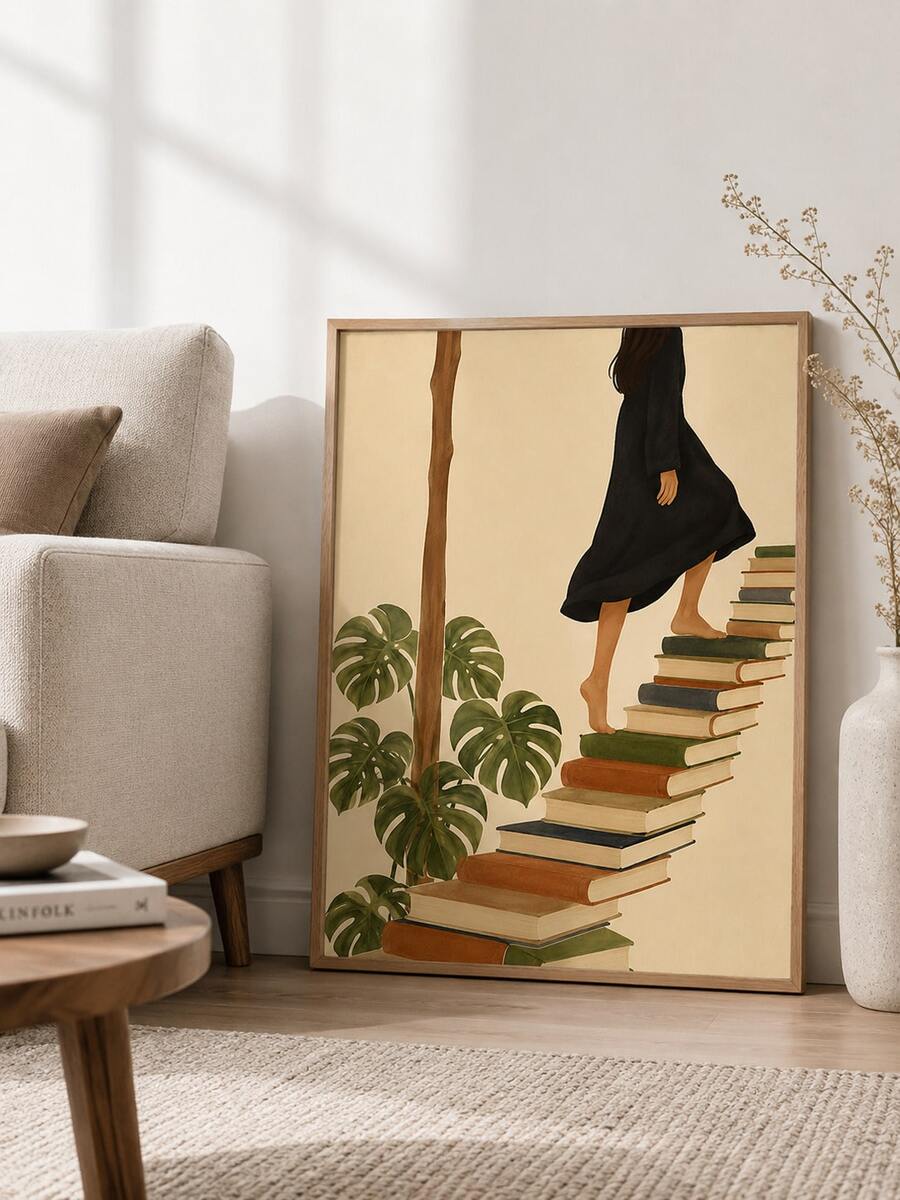 Close view framed wall art with woman climbing books and monstera plant